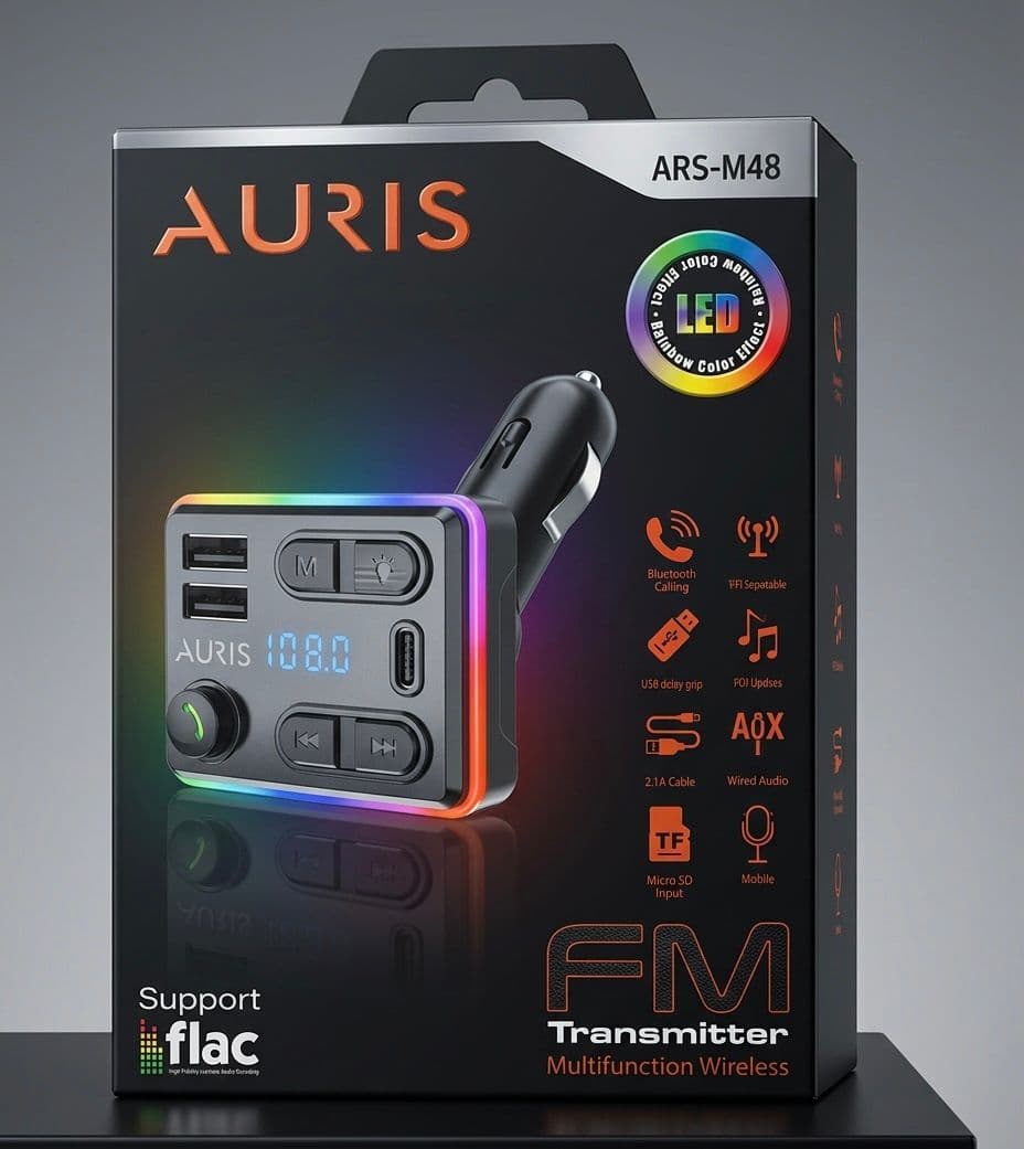 AURIS ARS-M48 Bluetooth FM Transmitter Araç Şarj ve Müzik Adaptörü (RGB LED) thumbnail 2