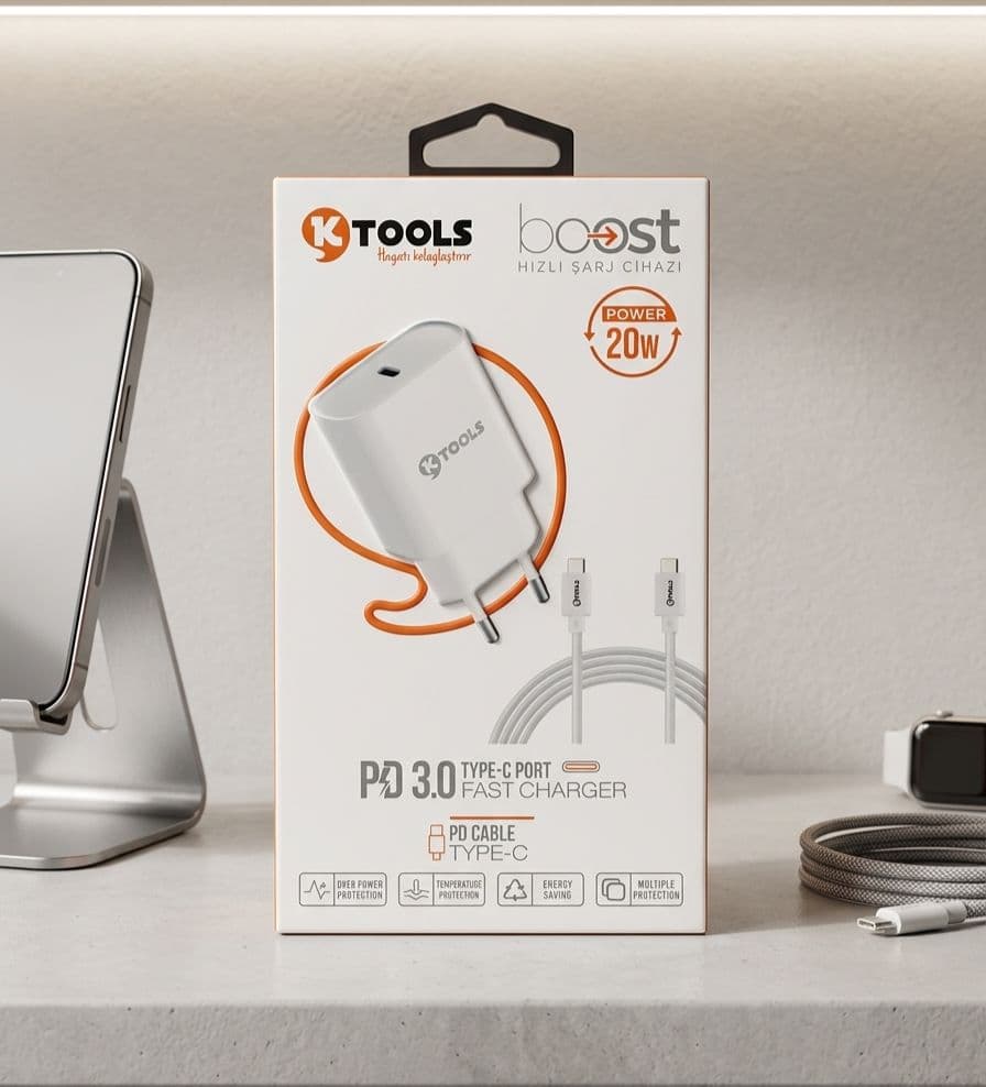 KTOOLS Boost 20W PD Type-C Hızlı Şarj Adaptörü + Type-C Kablo (Model ZX-1048T) thumbnail 2