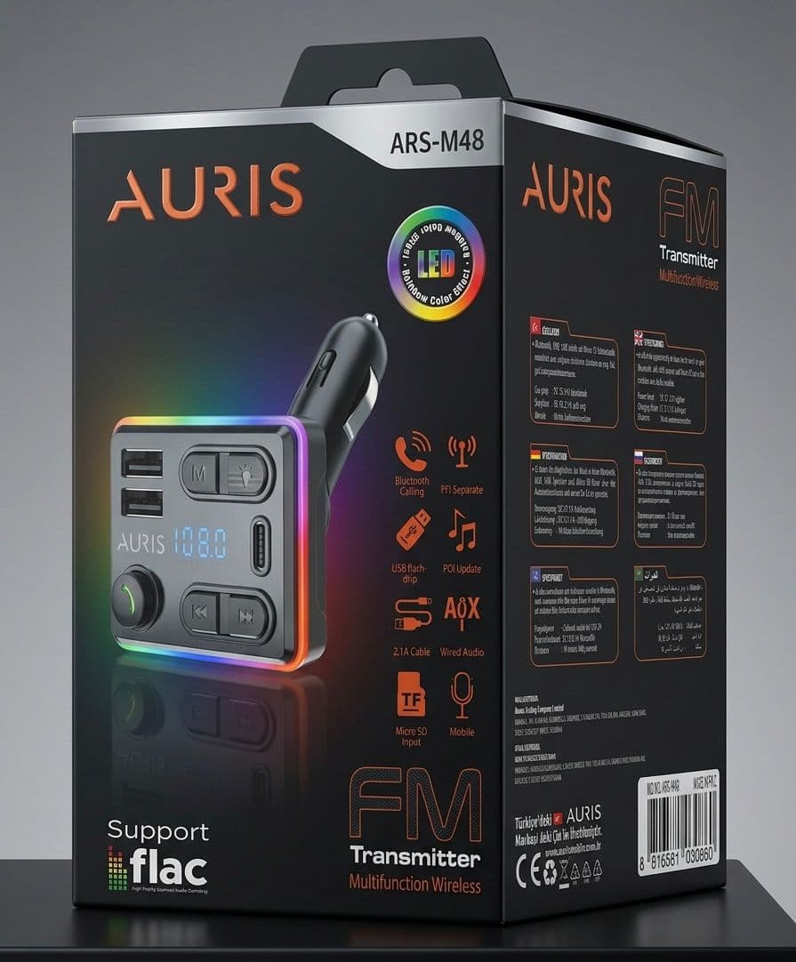 AURIS ARS-M48 Bluetooth FM Transmitter Araç Şarj ve Müzik Adaptörü (RGB LED) thumbnail 3