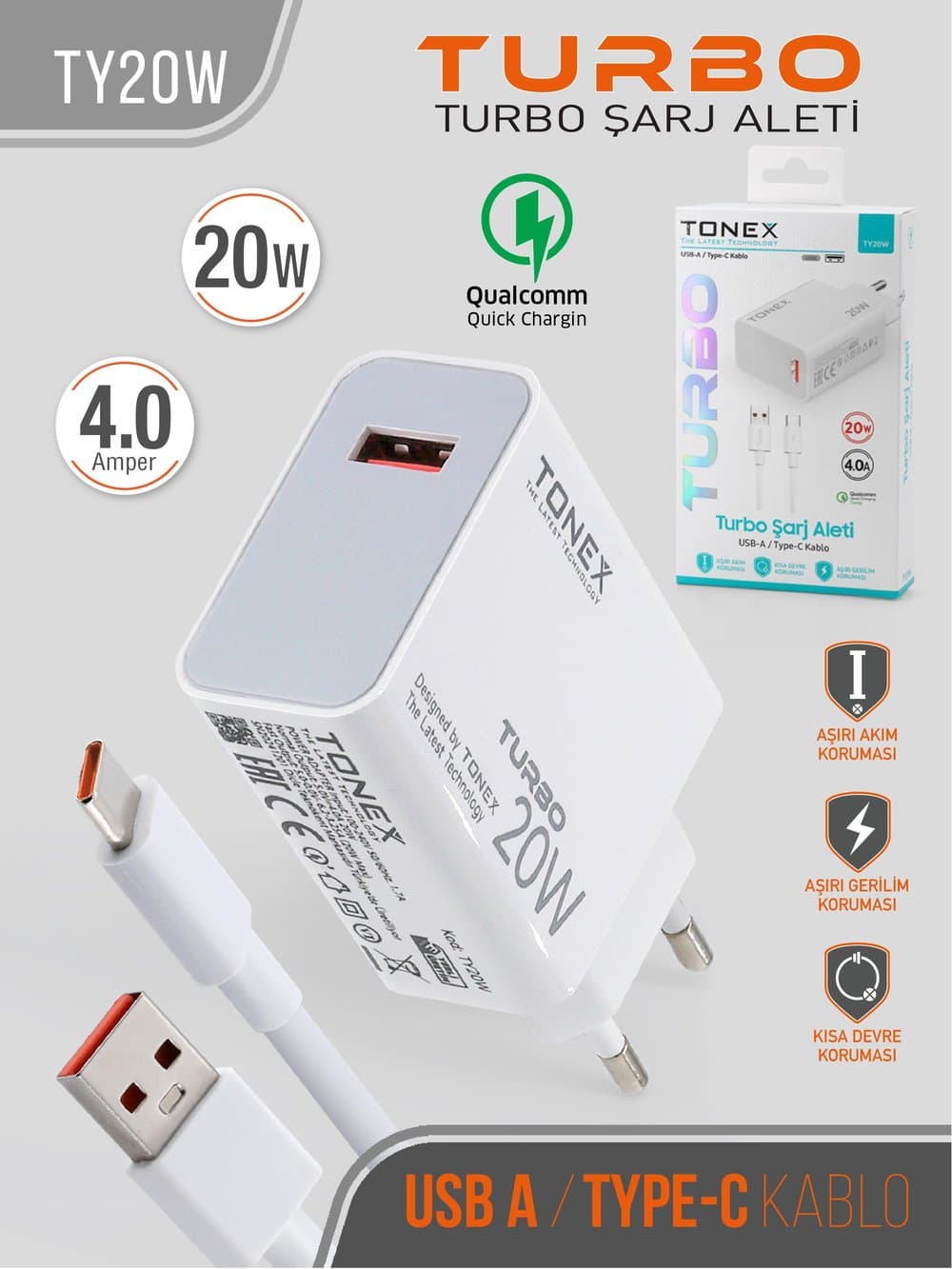 Tonex 20W Premium Turbo Şarj Aleti  Dayanıklı TypeC Kablo  40A Güvenli