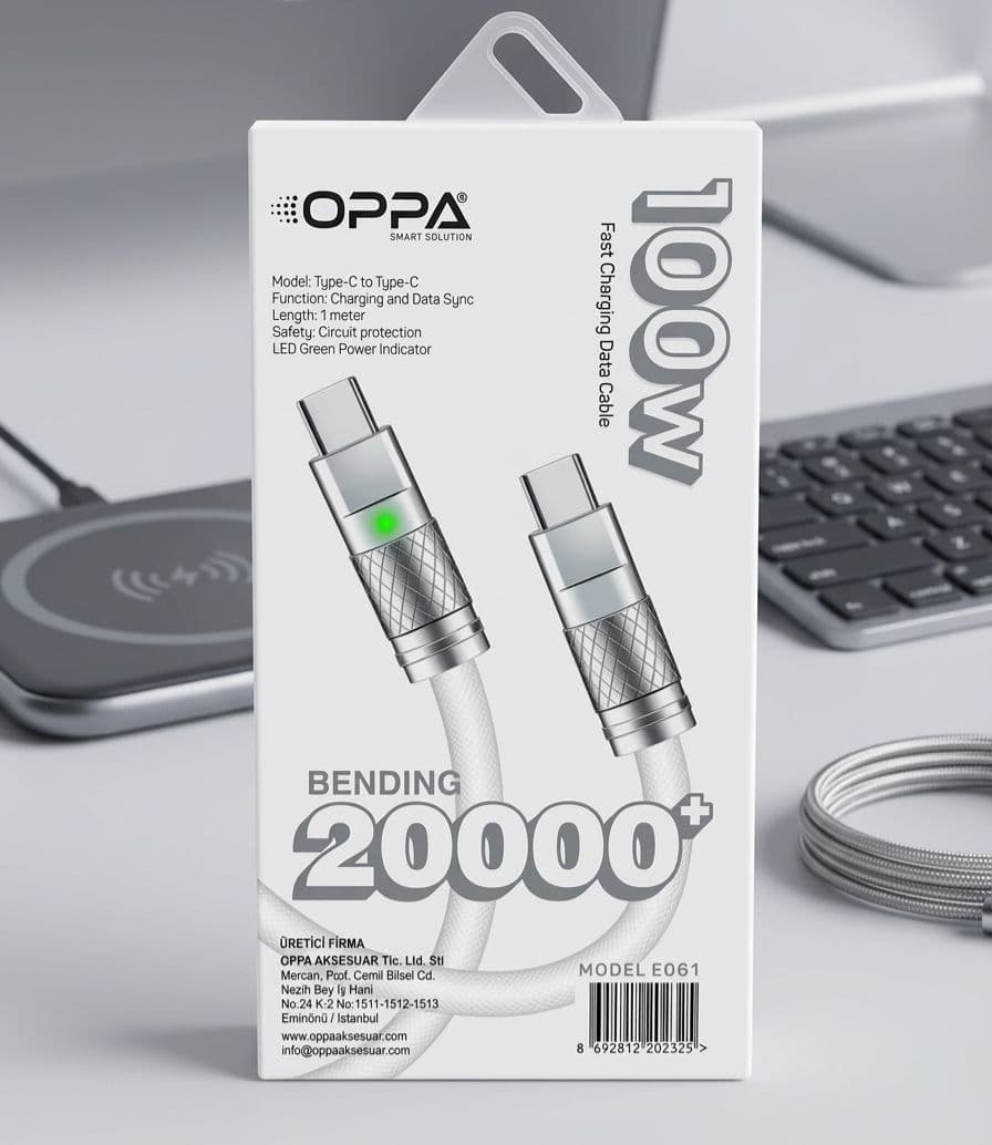 OPPA 100W Type-C to Type-C Hızlı Şarj ve Data Kablosu (Model E061)