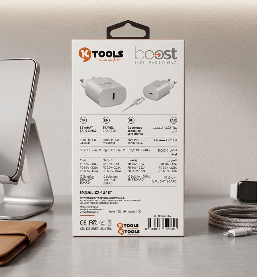 KTOOLS Boost 20W PD Type-C Hızlı Şarj Adaptörü + Type-C Kablo (Model ZX-1048T) thumbnail 3