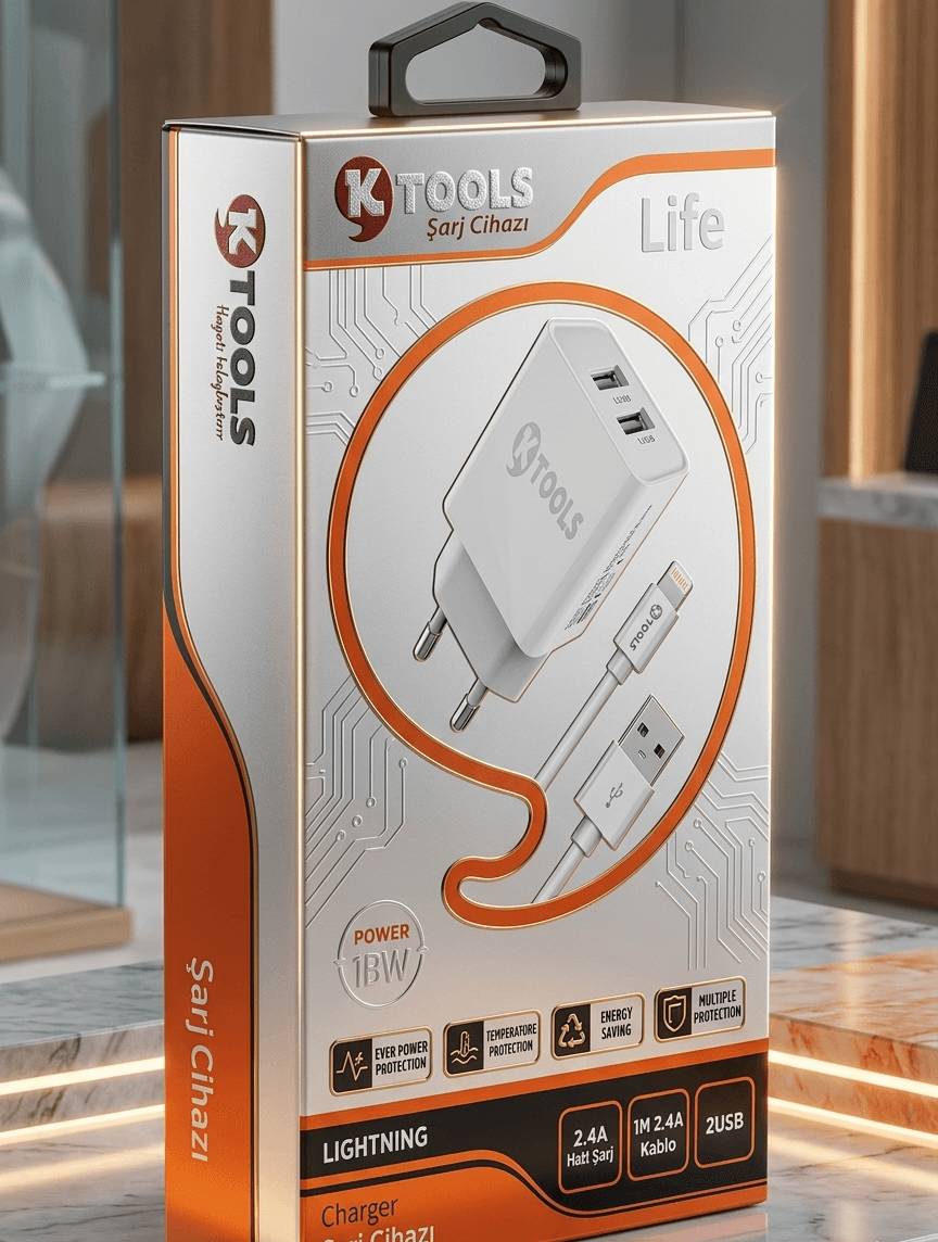 KTOOLS Life Çift Giriş Şarz Cihazı 2.4A 12W Hızlı Şarj Adaptör ve Lightning Kablo